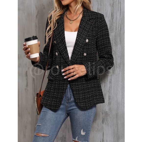 Classic Tweed Double Breasted Black Blazer Jacket Long Sleeve - Picture 4 of 9